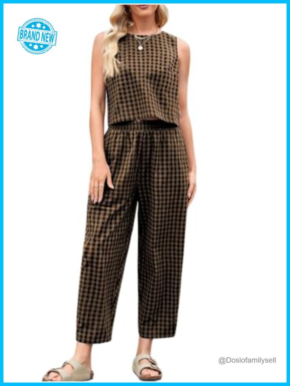 Women's Cotton Gingham Tank Top and Wide Leg Pants Set Sleeveless Sleeveless